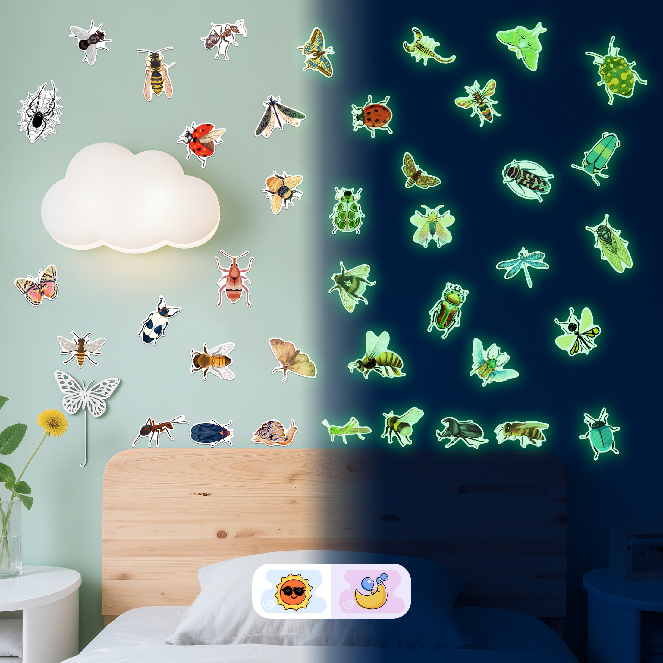 Robmoda glow-in-the-dark moth decal brightens walls for curiosity-led insect exploration.