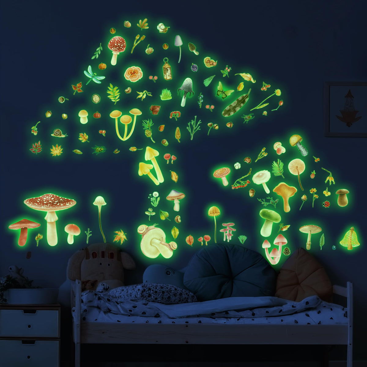 Robmoda glow-in-the-dark mushroom wall decal glows softly after light exposure, ideal for nurseries.