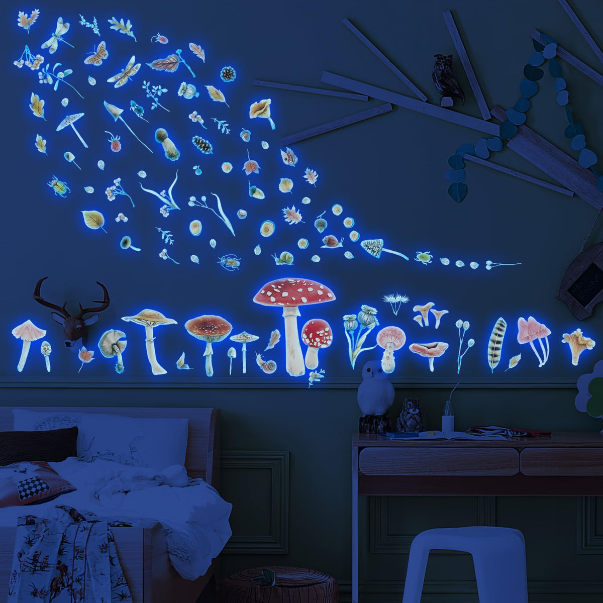 Robmoda glow mushroom wall decal in blue glows softly for enchanting nursery walls