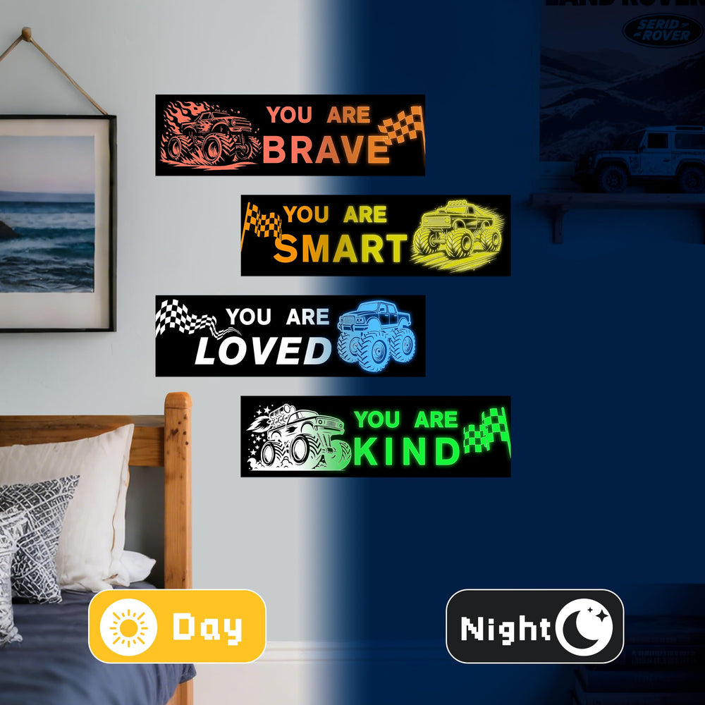 Robmoda glow-in-dark truck wall sticker demonstrates glow-in-dark feature after light exposure