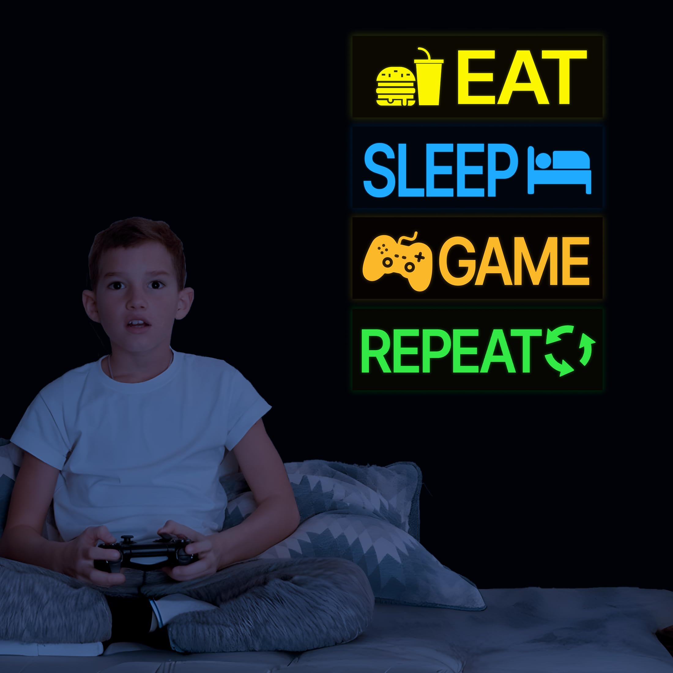 Robmoda neon game wall sticker Repeat reinforces the gaming theme in any room.