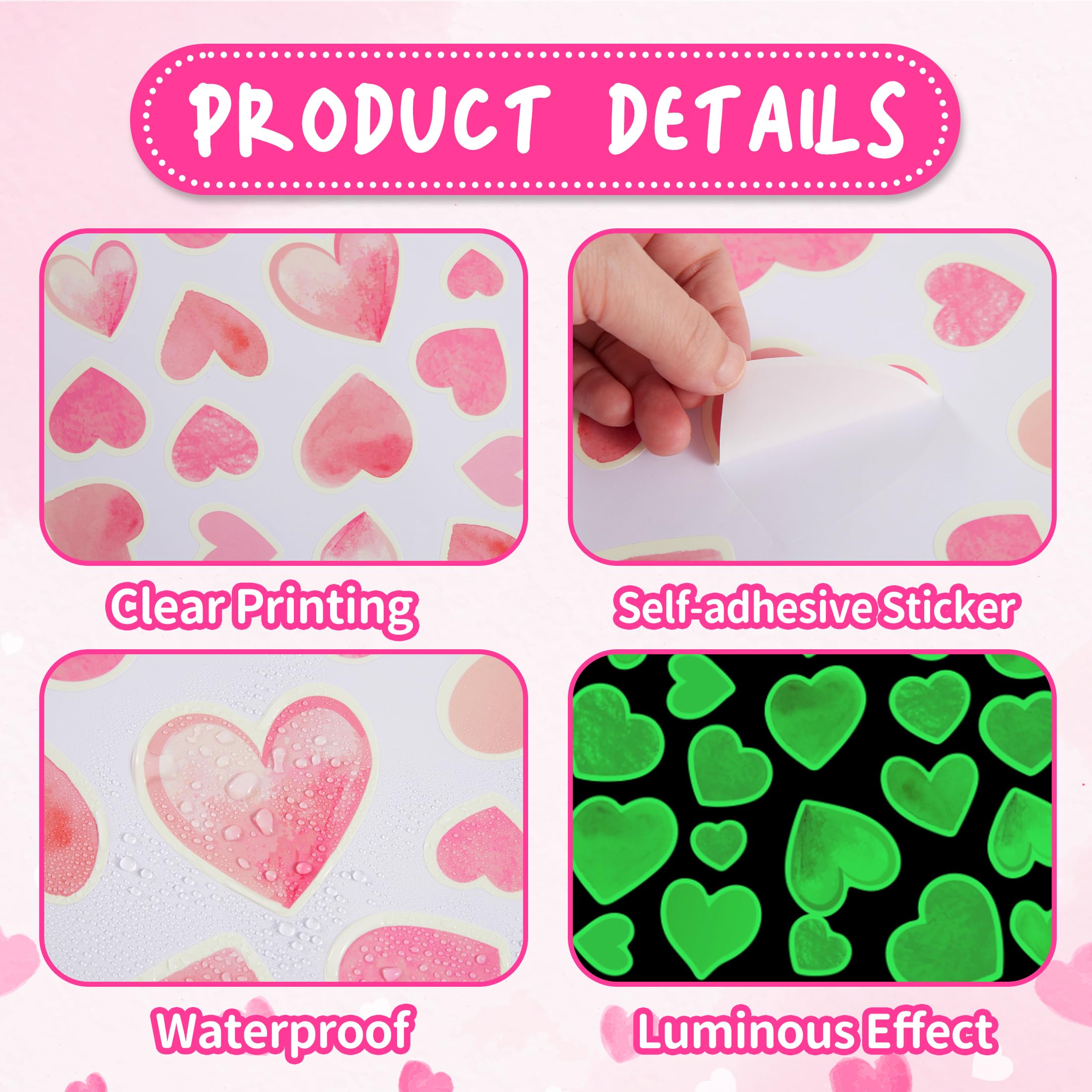 Robmoda peel-and-stick pink heart stickers are waterproof and reusable for various surfaces.