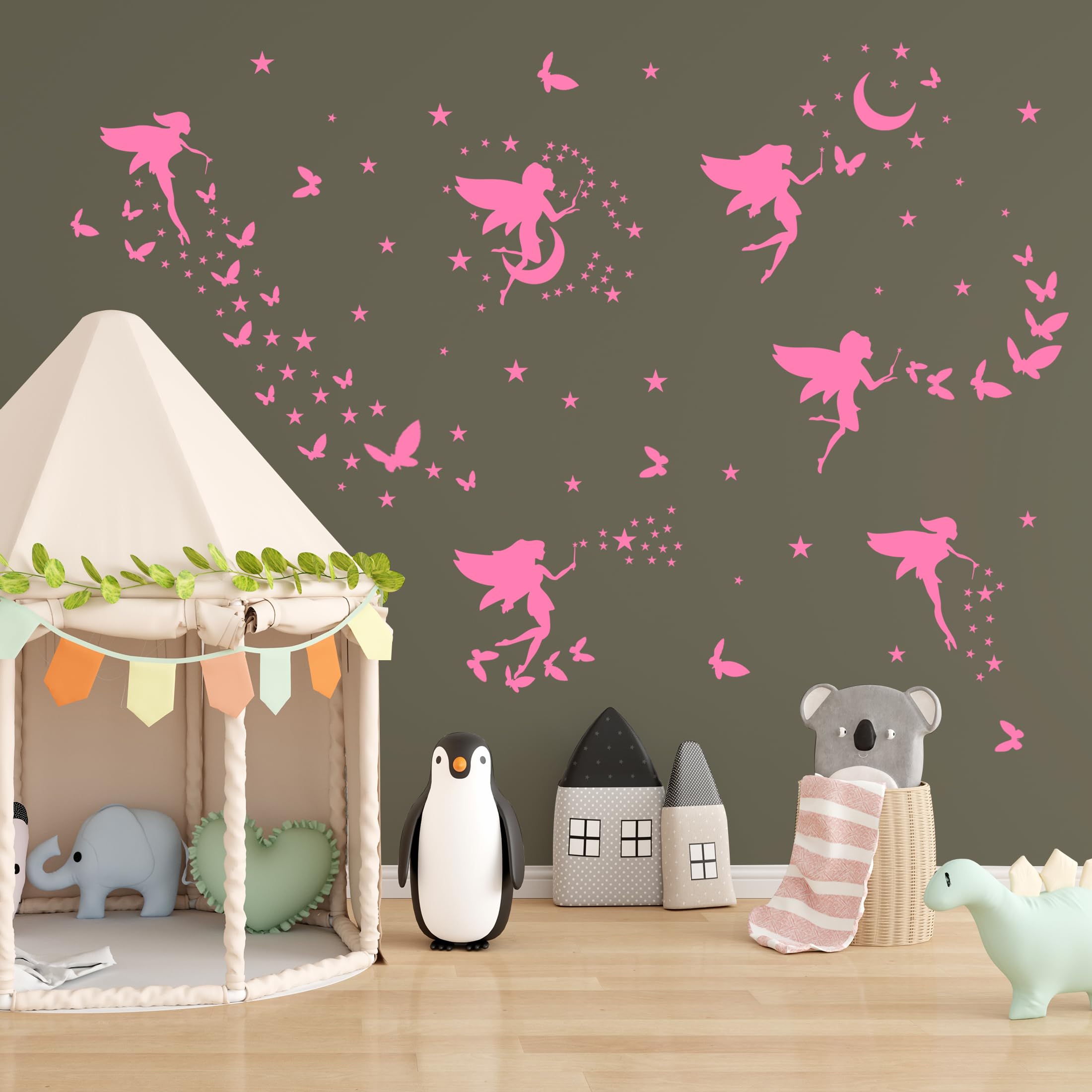 Robmoda pink wall sticker set for kids room enhances whimsical decor.