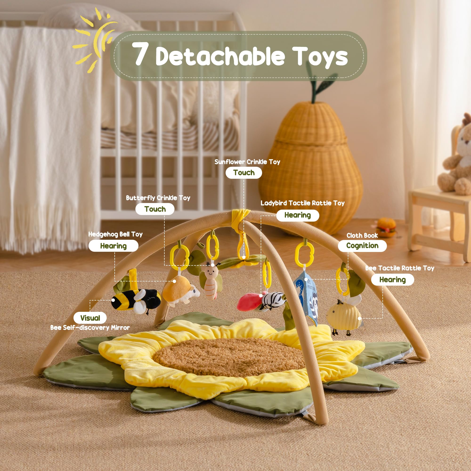 ROBUD Sunflower Play Mat bee squeaker toy engages auditory exploration during playtime