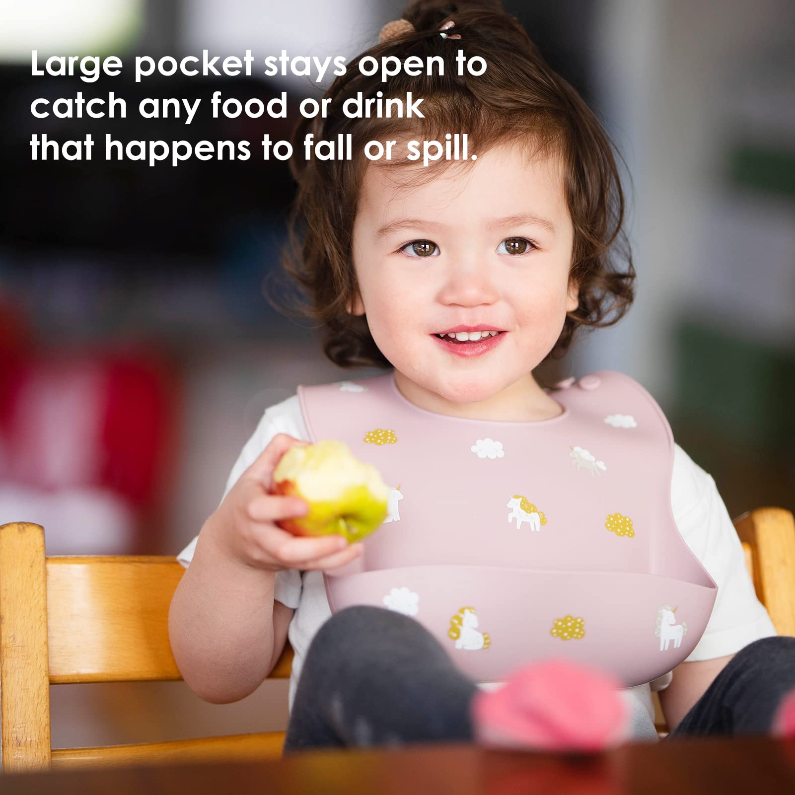 ROCCED adjustable neck silicone bib shows secure fit for growth from 3 to 36 months