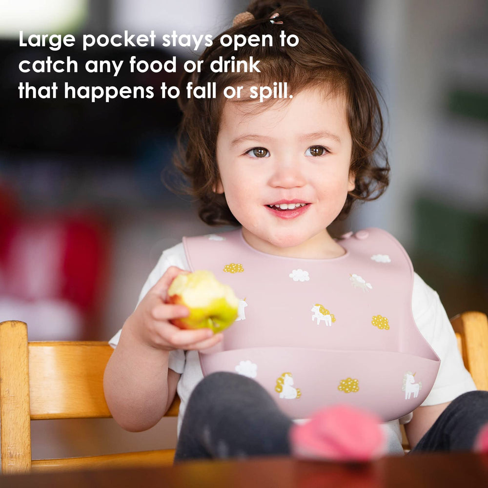 ROCCED adjustable neck silicone bib shows secure fit for growth from 3 to 36 months