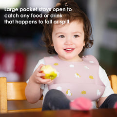 ROCCED adjustable neck silicone bib shows secure fit for growth from 3 to 36 months