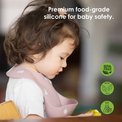 ROCCED baby silicone bib waterproof catcher demonstrates mess-free mealtime