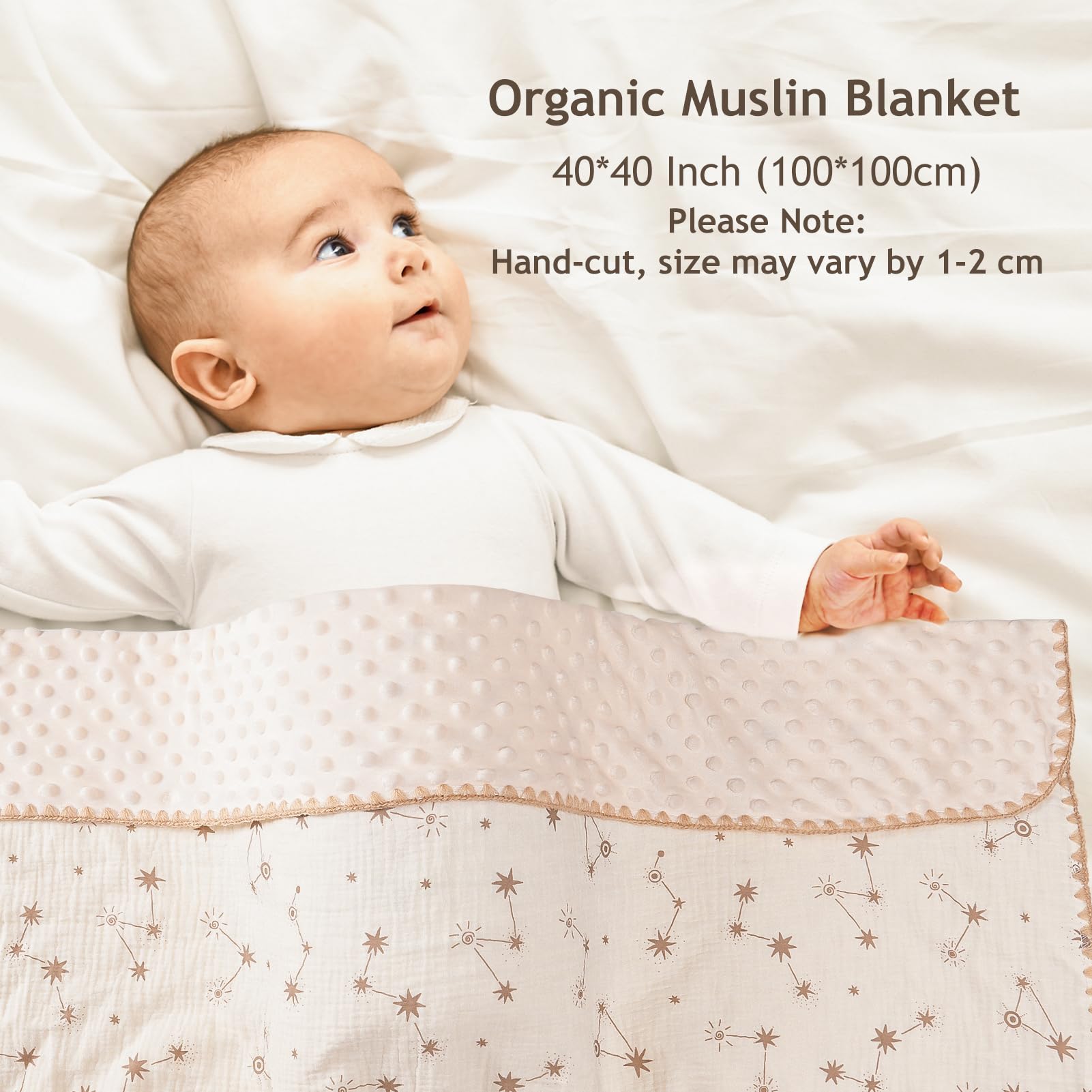 ROCCED muslin dotted blanket with double layers provides lightweight warmth and easy wrap.