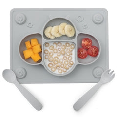 ROCCED suction plates grey all-in-one set on table, promoting spill-free meals.