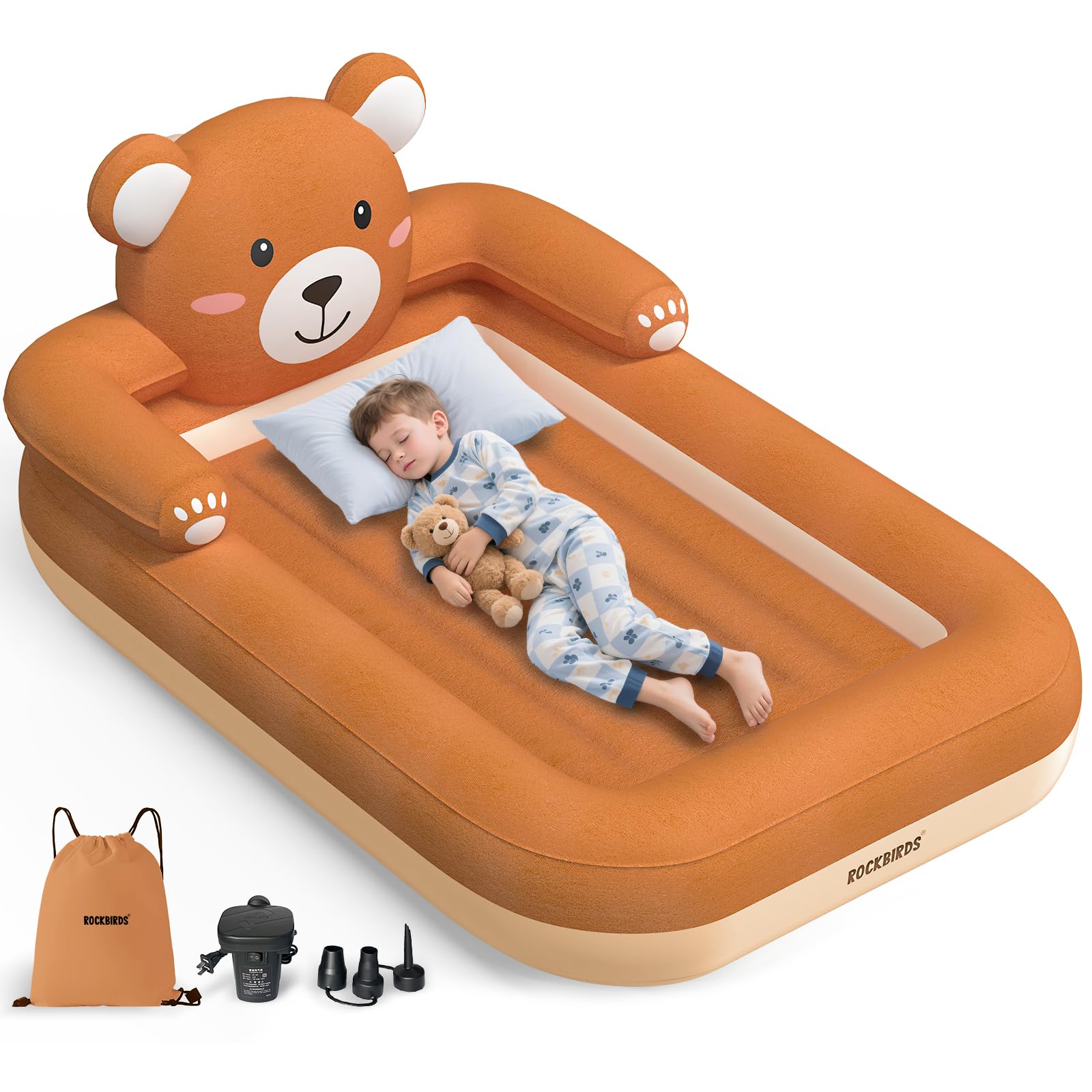 RockBIRDS inflatable toddler bed with bear-hug design delivers cozy bedtime comfort.