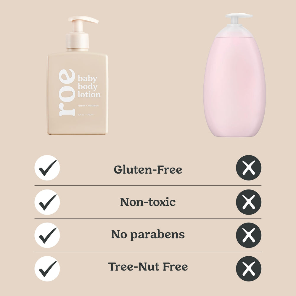 Roe Wellness fragrance-free lotion applied during diaper change for smooth skin.