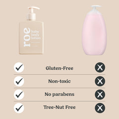 Roe Wellness fragrance-free lotion applied during diaper change for smooth skin.