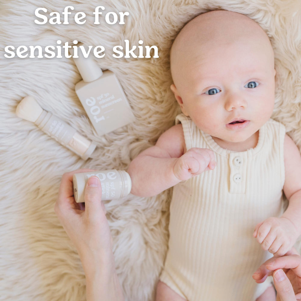 Roe Wellness Baby Sunscreen Stick packaging shows travel-friendly design for on-the-go sun care.