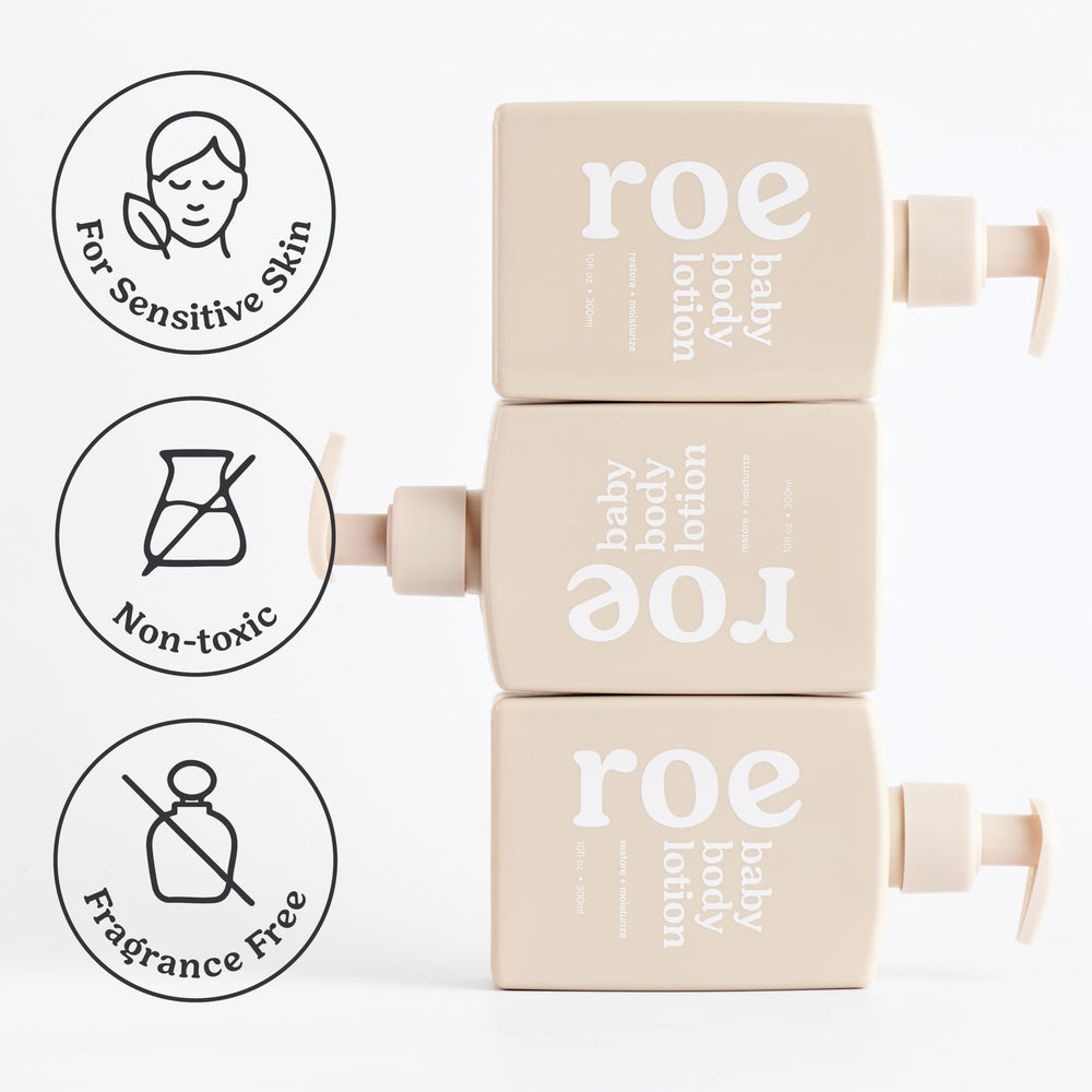 Roe Wellness travel-friendly baby lotion for on-the-go moisture.