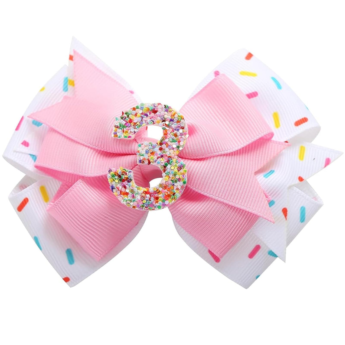 Roffiy sparkling birthday hair bow pink with glitter and safe clip for toddlers