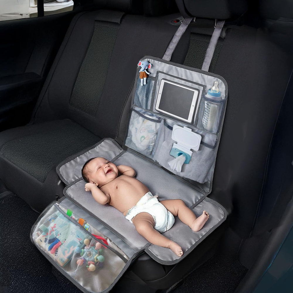 Rohamzen changing pad open layout showing pockets for organized car trips.