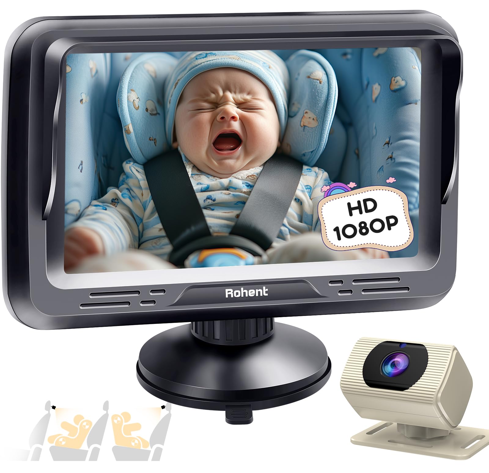 Rohent car baby monitor front view blends with beige interiors for stylish safety.