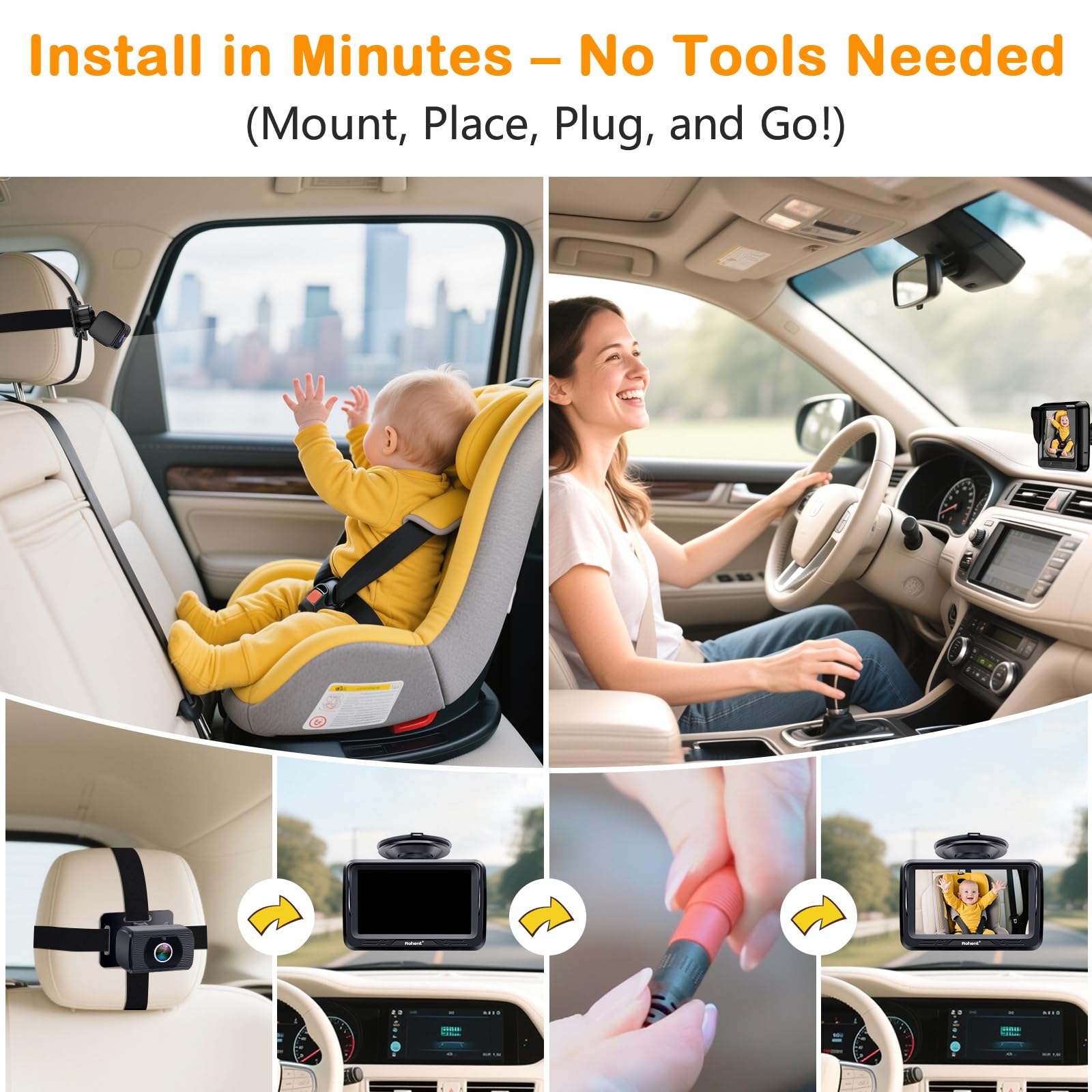 Rohent car camera 150-degree wide view ensures full backseat visibility