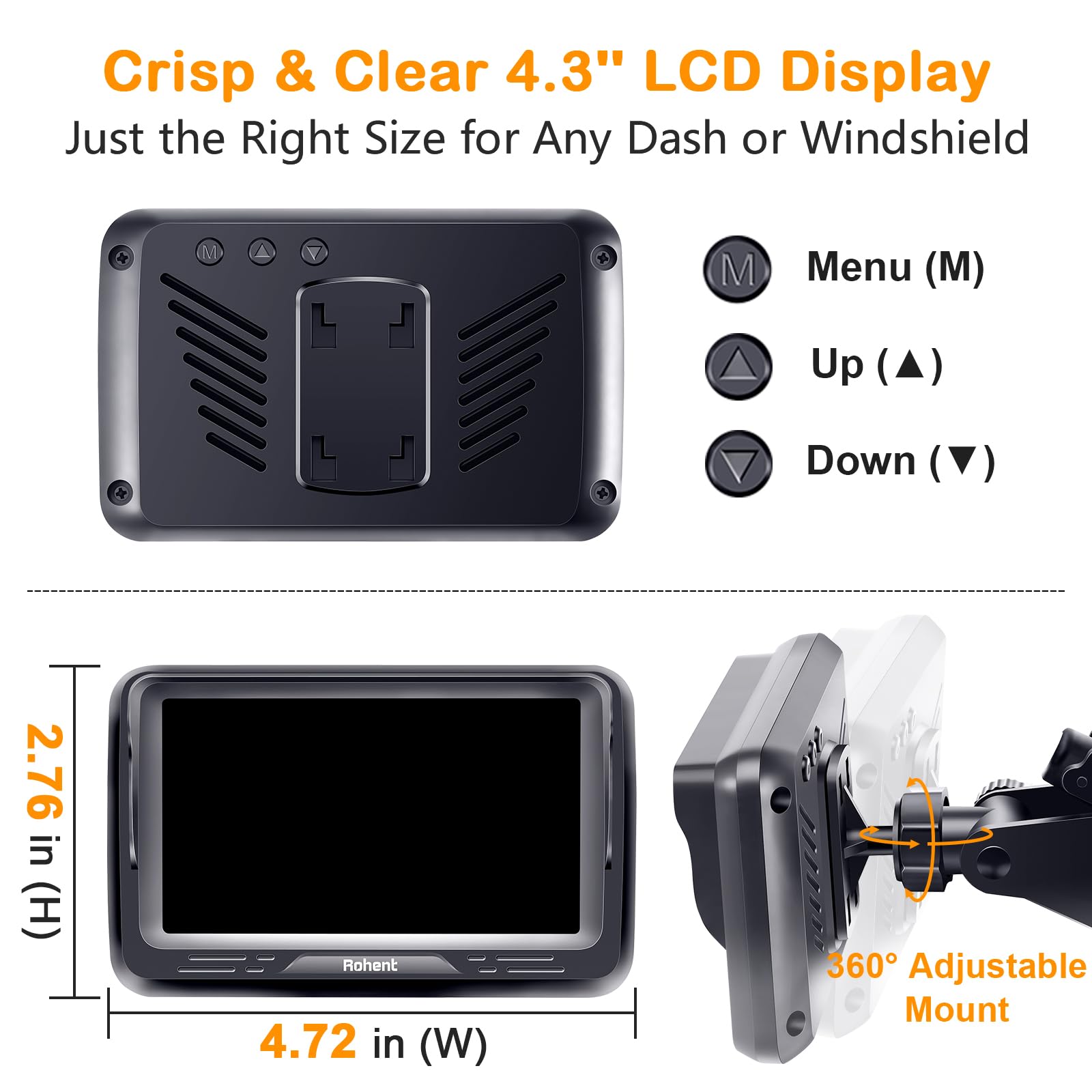 Rohent car camera adjustable monitor brightness improves legibility under sun