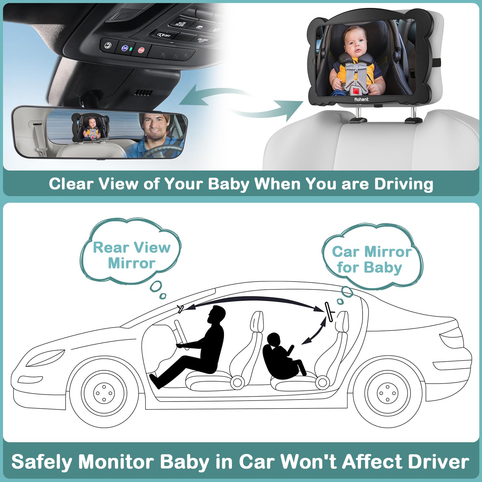 Rohent carseat mirror attaches to headrest with secure fit