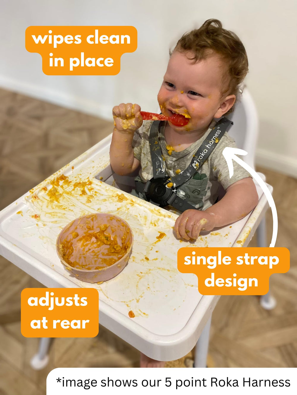 Roka Harness easy-care design pictured to support busy parents.
