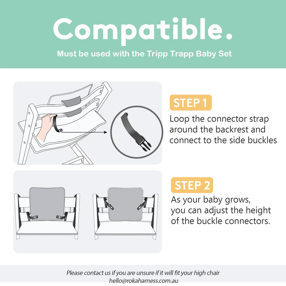ROKA Harness securing fit on Stokke Tripp Trapp for stability.