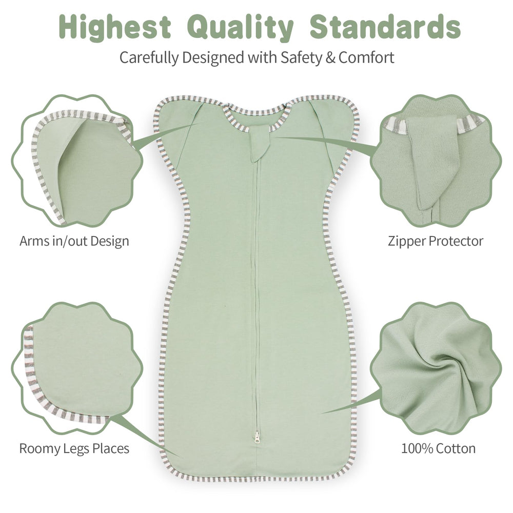 Roksuma arms-in-out swaddle demonstrates flexible sleep transitions for growing babies