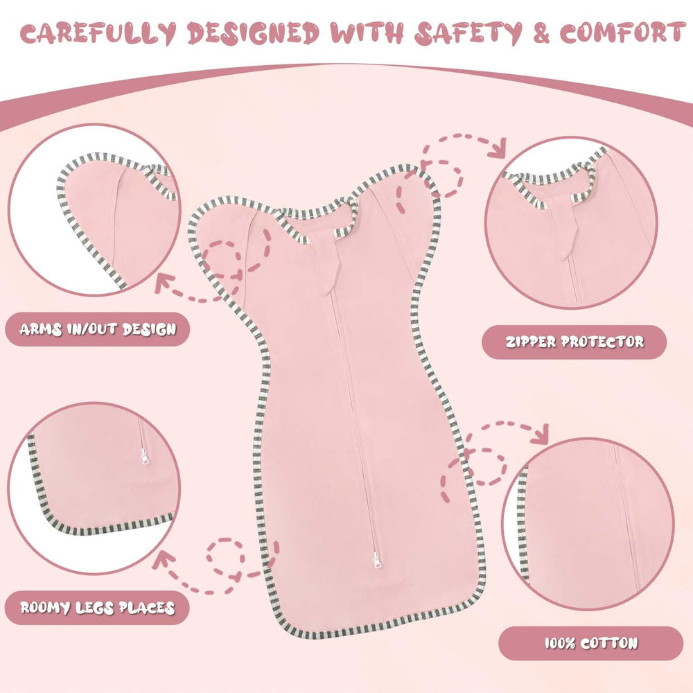 Roksuma transition swaddle shows 2-way zipper for easy changes at night.