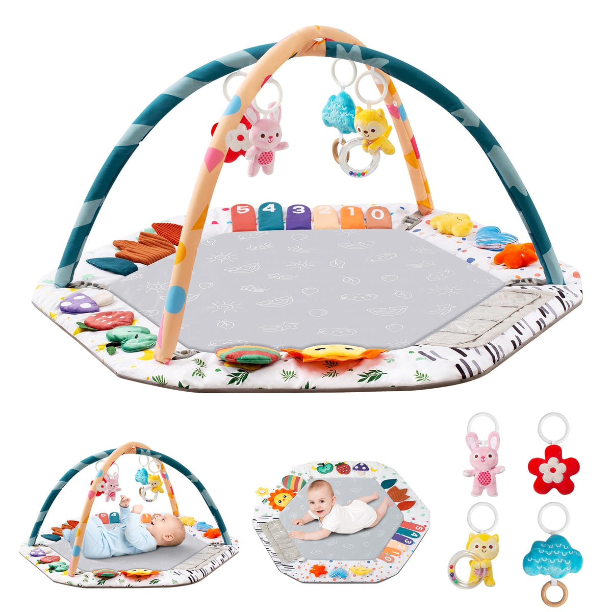ROMAGIO baby play gym mat with six development zones for tummy time