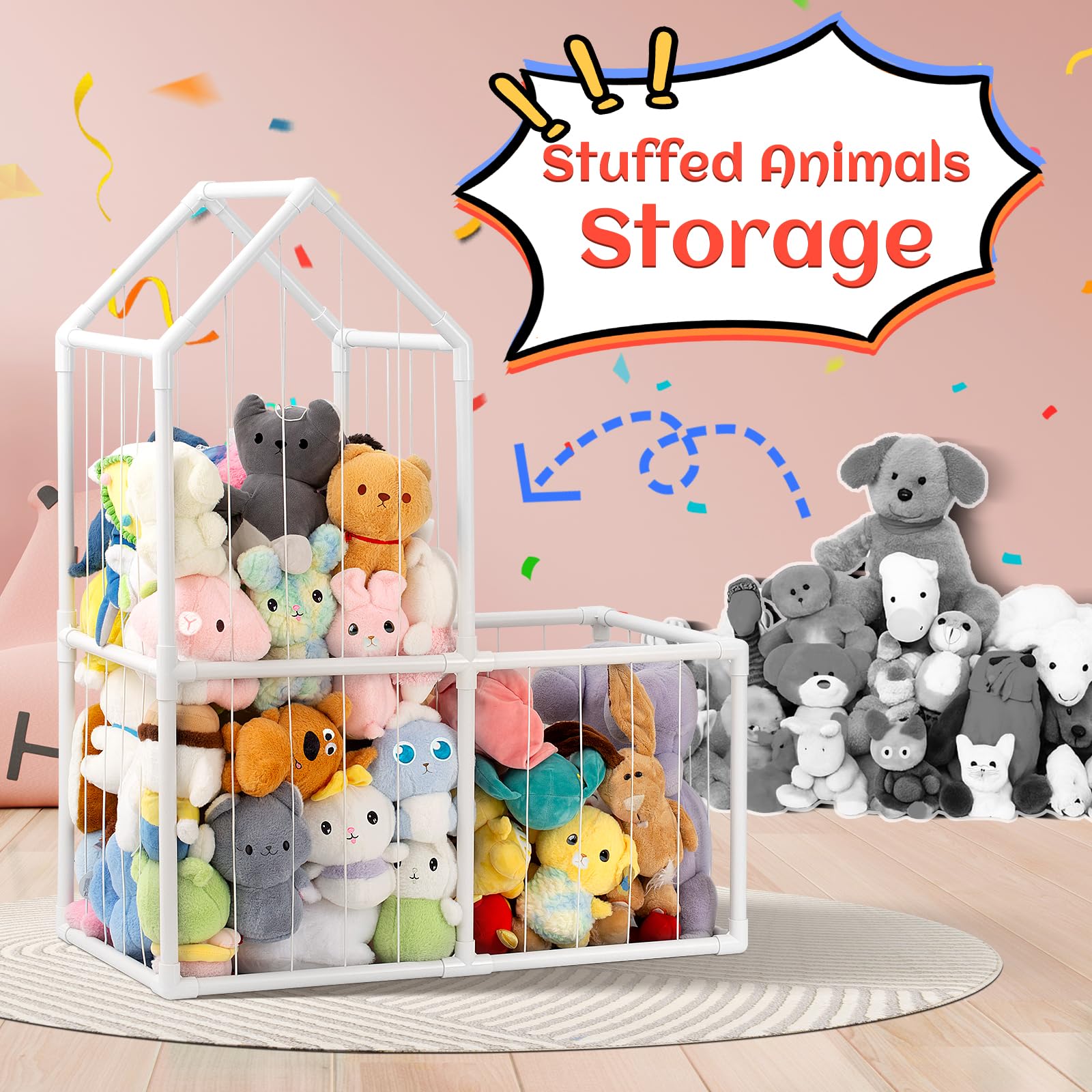 ROMAGIO storage in kids rooms creates tidy play areas with organized plush displays.