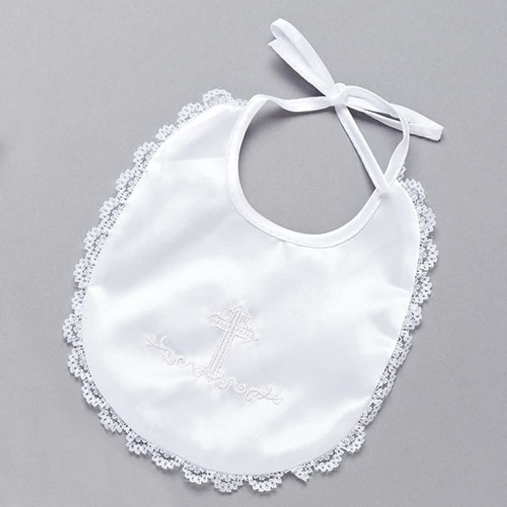 Roman Infant Baptismal Bib Satin with cross embroidery and lace border for a cherished baptism day.