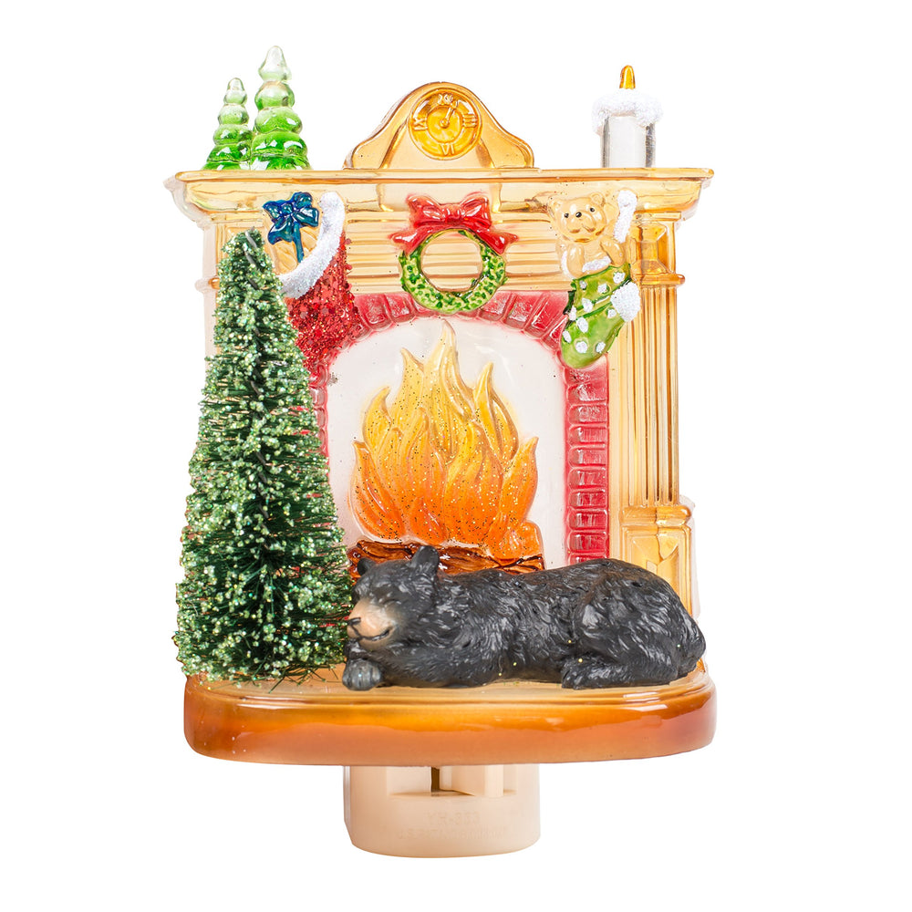 Roman Sleeping Winter Bear by Fireplace Night Light front view showcases cozy ambiance