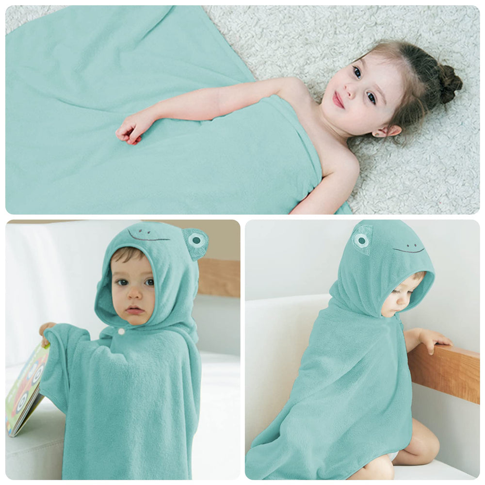 ROMASA hooded towel with fixed button closure for easy-on, secure wear