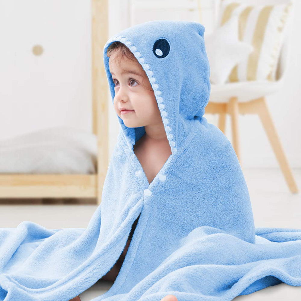 ROMASA blue shark hood close up shows playful design and soft texture.