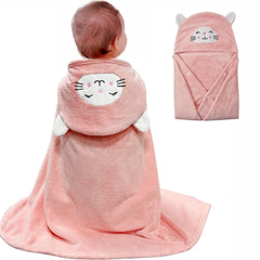ROMASA hooded animal-face towel keeps baby warm after bath.