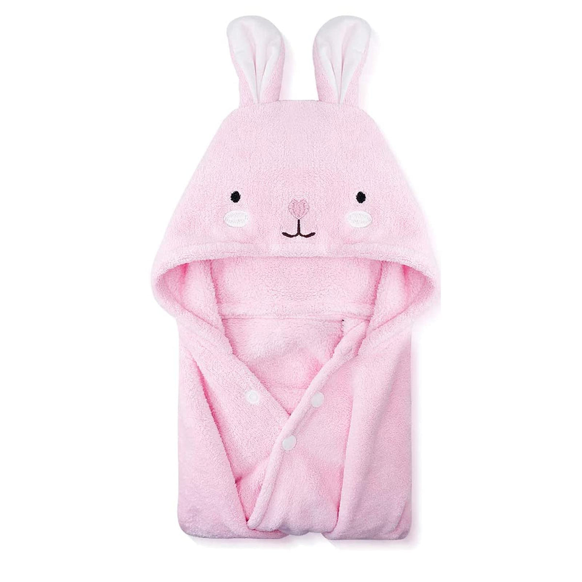 ROMASA toddler hooded bath towel pink rabbit face keeps baby warm and dry after bath.