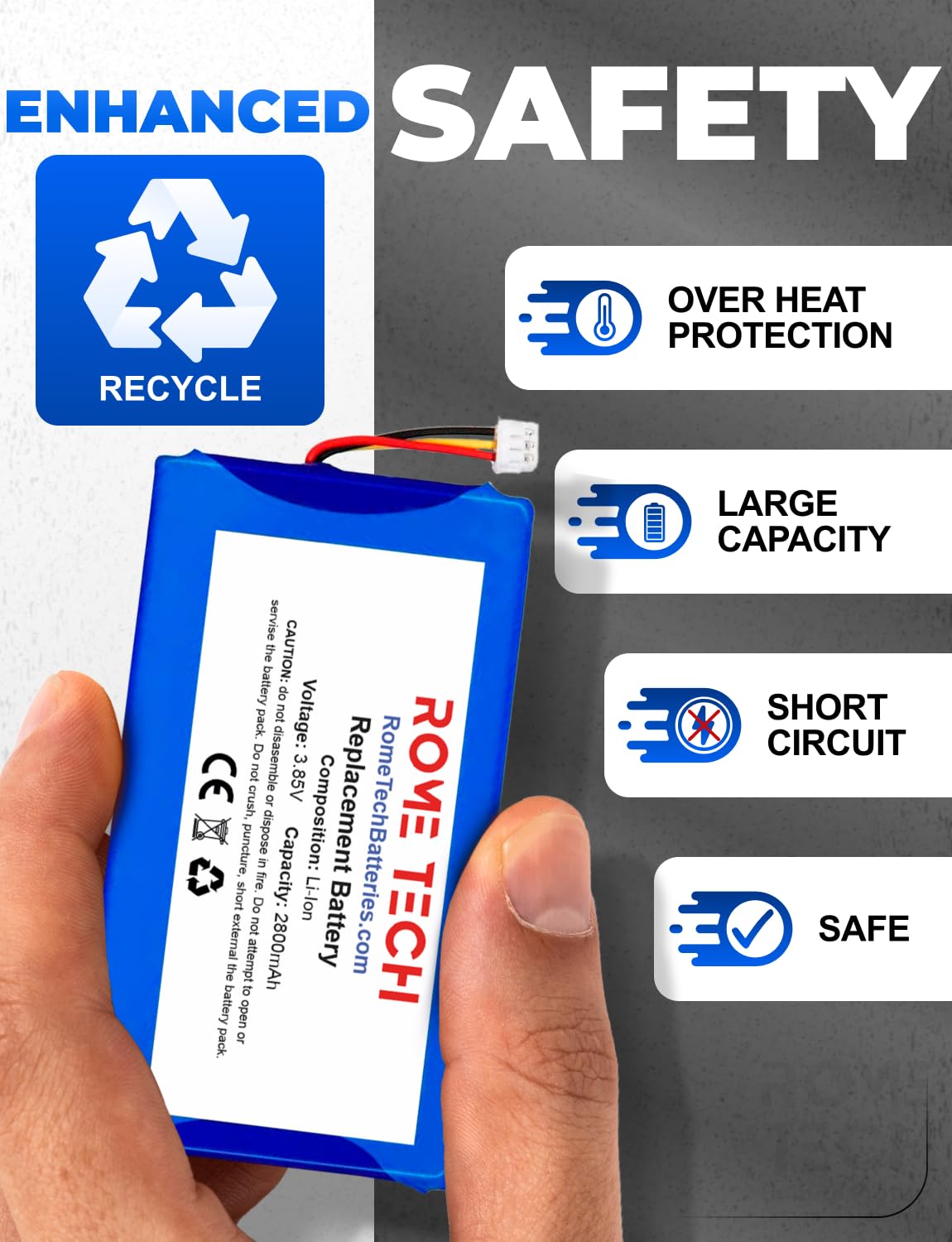 Rome Tech battery with protection chip safeguards DXR-8 Pro charging