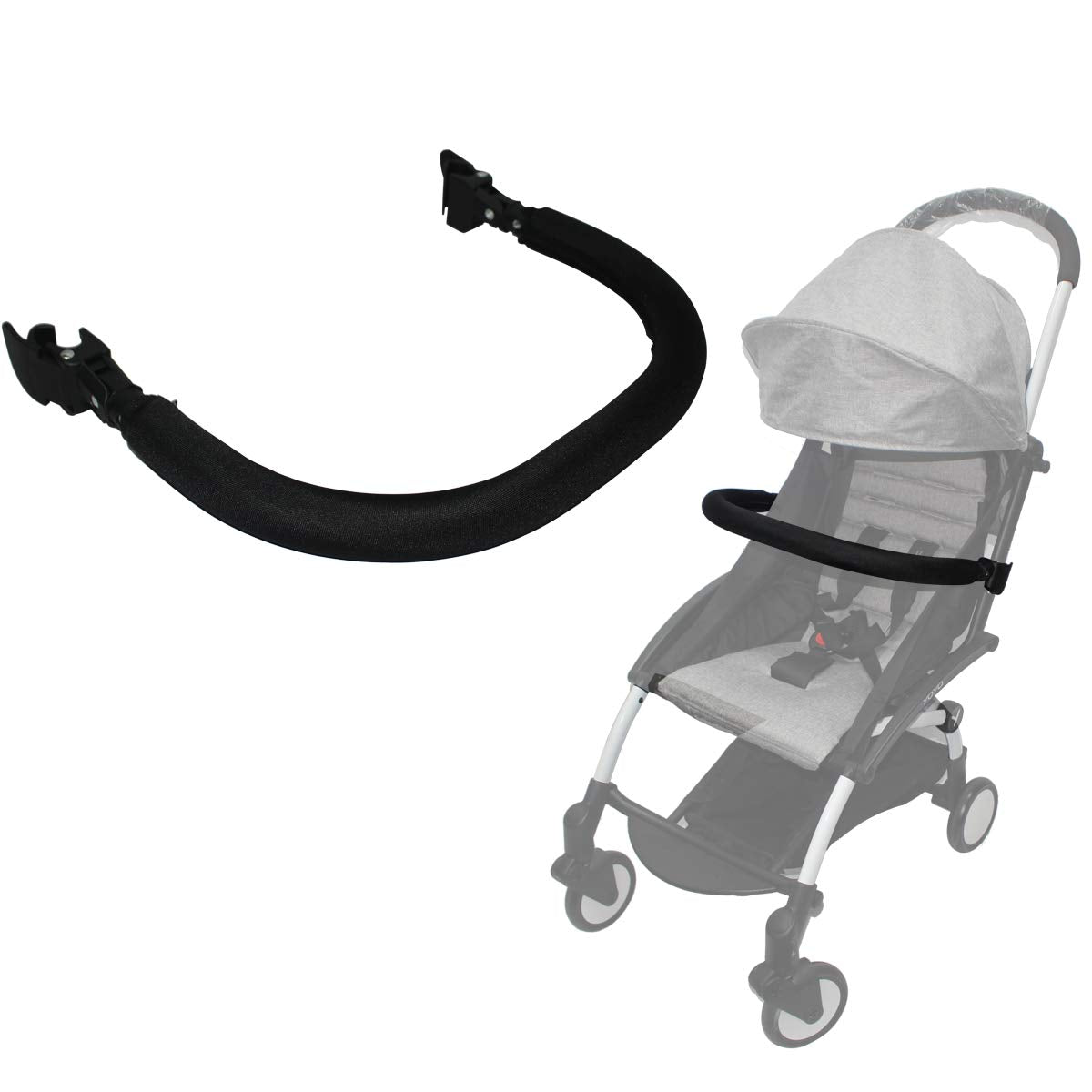 ROMIRUS bumper bar installation on Babyzen YOYO shows quick, secure frame clamping.