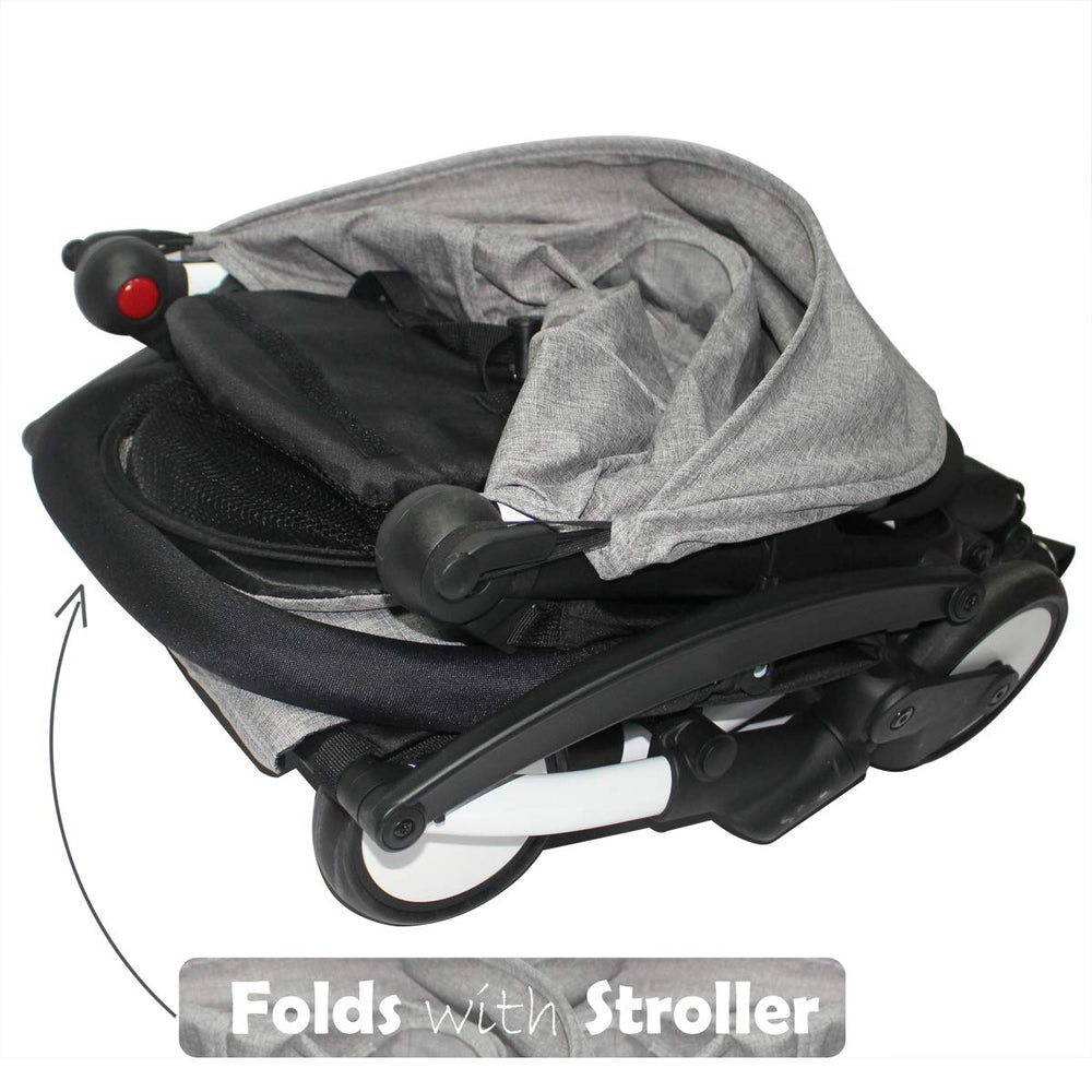 ROMIRUS bumper bar shown in a real-world stroller use-case for safer city walks.
