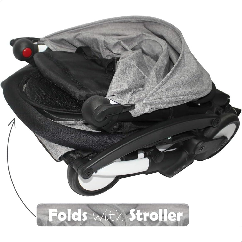 ROMIRUS bumper bar demonstrates YOYO3 compatibility on stroller frame.