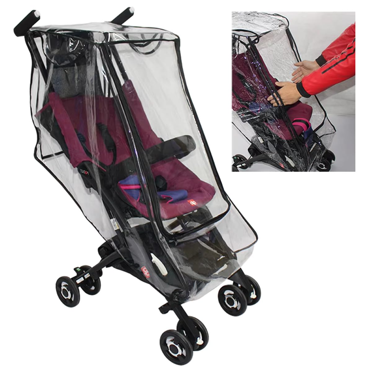 ROMIRUS clear stroller rain cover front view offering rain and wind protection
