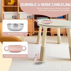 Rommeka kid bowl with silicone sleeve on table shows soft touch and noise reduction