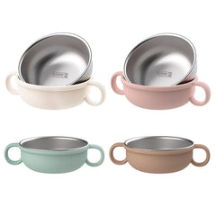 Rommeka toddler bowl with handle demonstrates easy grip for mess-free feeding.