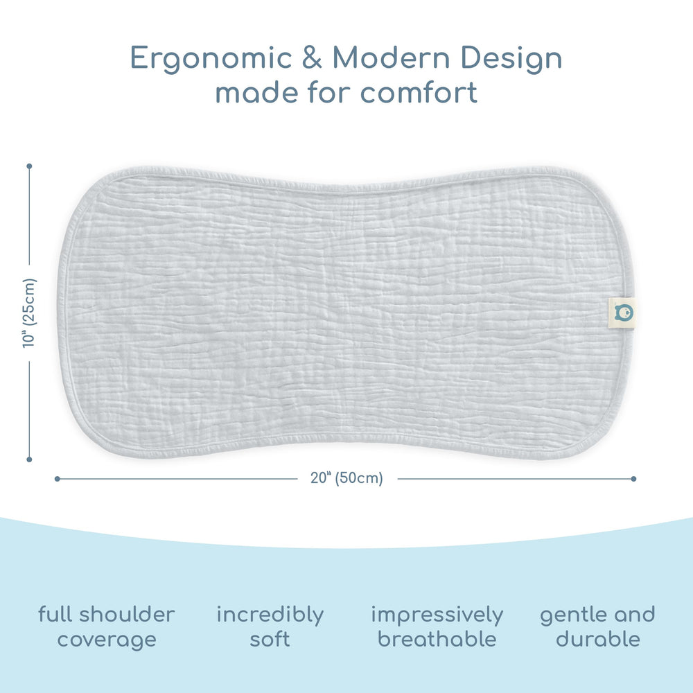 ROMY RO muslin burp cloths flatlay grey—multi-use essential for bibs and towels.
