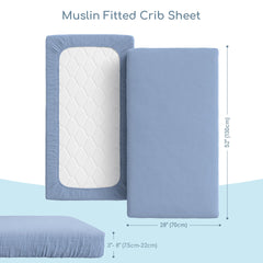 ROMY RO muslin crib sheet blue color flat lay for neutral nursery