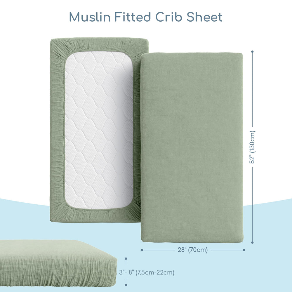 ROMY RO muslin crib sheet in sage-green complements a calm nursery.