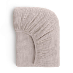ROMY RO muslin crib sheet close-up showcases soft-touch fabric and breathable cotton.