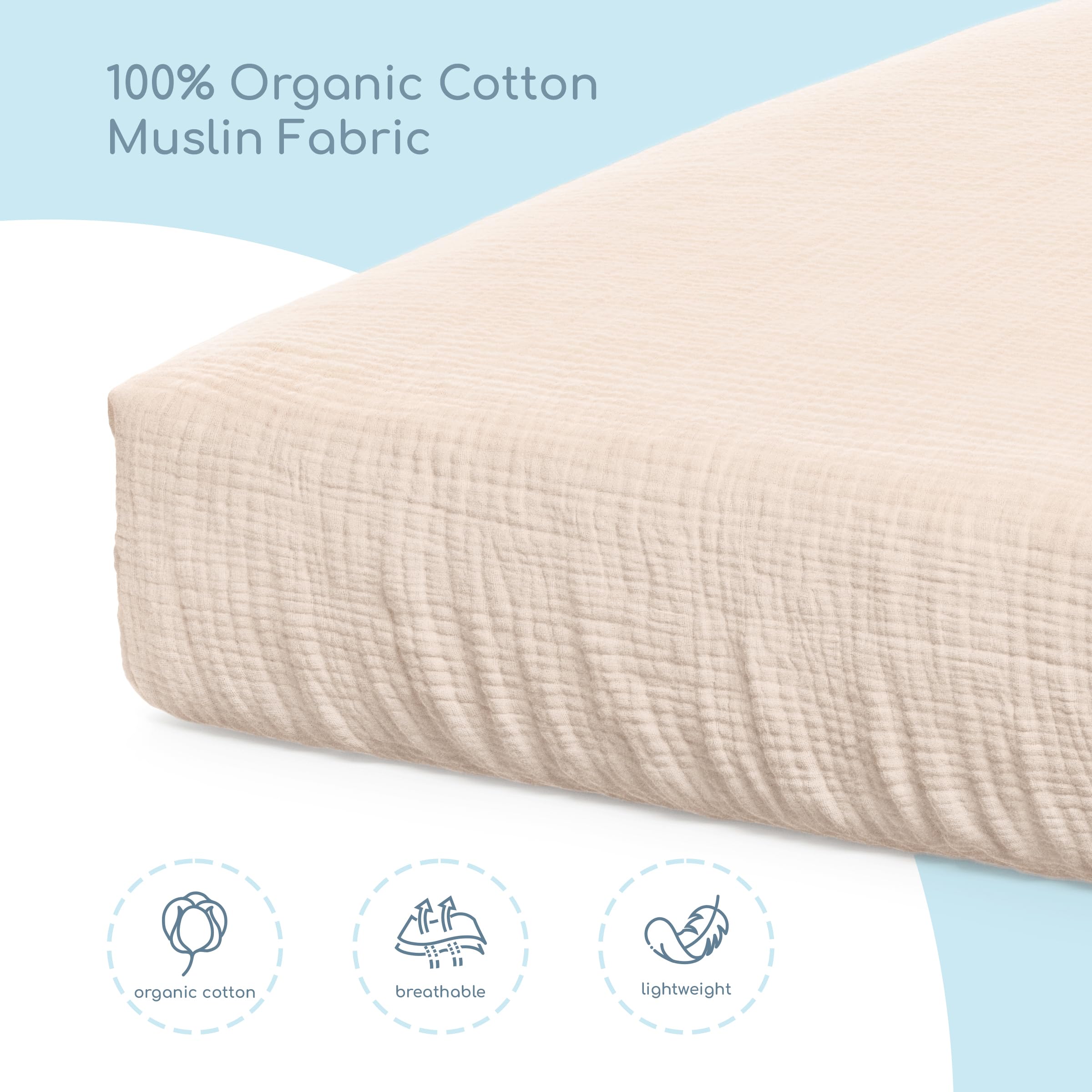 ROMY RO muslin sheet close-up reveals breathable cotton fibers in wheat.
