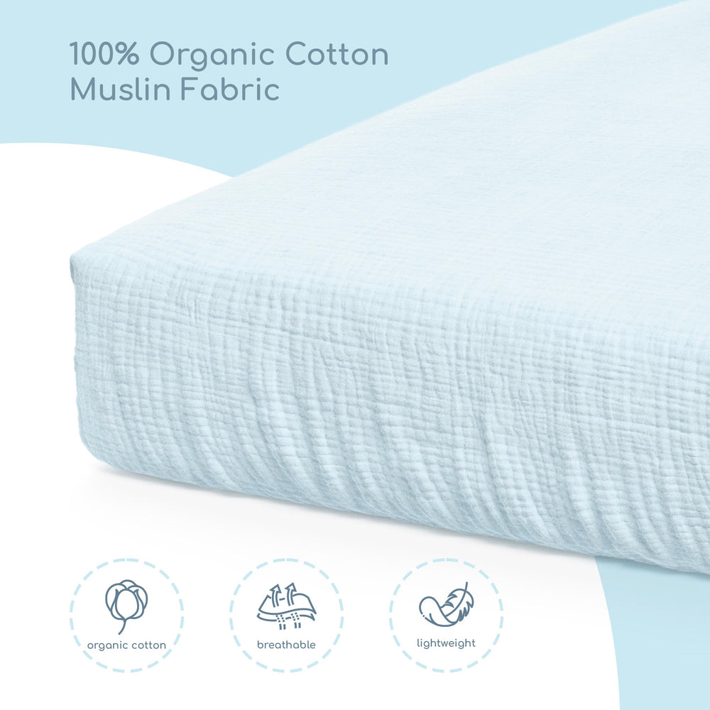 ROMY RO Muslin crib sheets with elastic band providing smooth, wrinkle-free cover